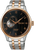 Reloj de hombre con esfera oscura, detalles dorados y pulsera metálica bicolor