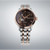 Reloj de hombre con esfera marrón oscuro, detalle de manecillas en tono dorado y correa bicolor