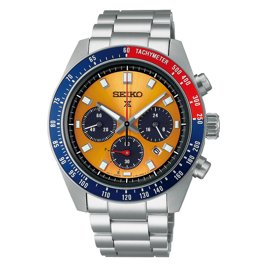 Herren-Armbanduhr mit Stahlgehäuse, orangefarbenem Zifferblatt, drei Chronographenzählern