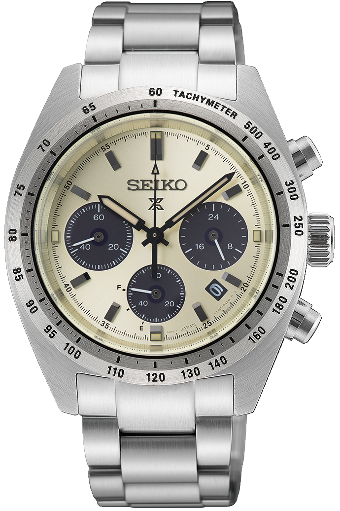 Reloj de hombre cronógrafo: caja de acero inoxidable plateada, esfera beige, subesferas oscuras