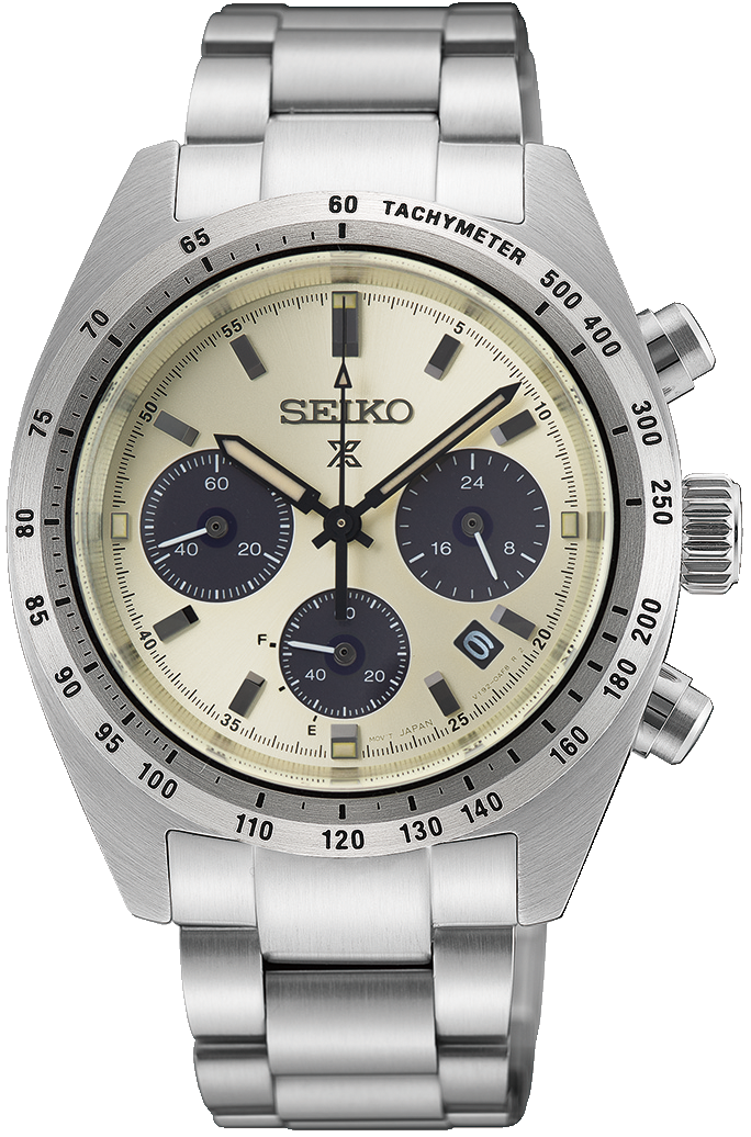 Reloj de hombre con correa de acero inoxidable plateado, esfera beige y subesferas de cronógrafo