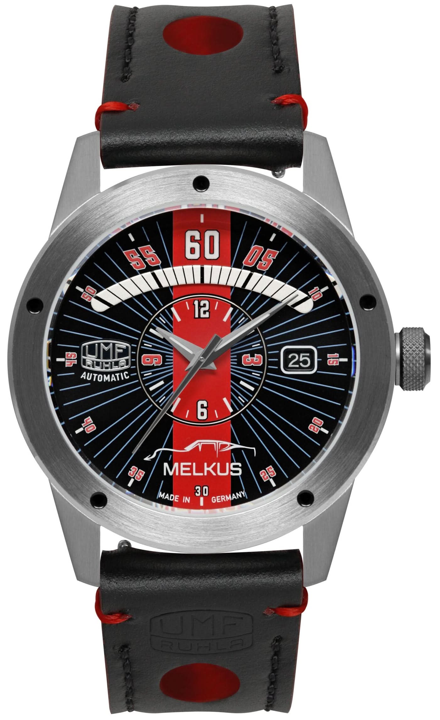 Reloj de hombre con esfera negra, detalles rojos, correa de cuero negra y caja de acero inoxidable