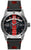 Reloj de hombre con esfera negra, detalles rojos, correa de cuero negra y caja de acero inoxidable