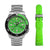 Reloj de hombre con correa de metal plateado y esfera verde; correa de silicona verde adicional
