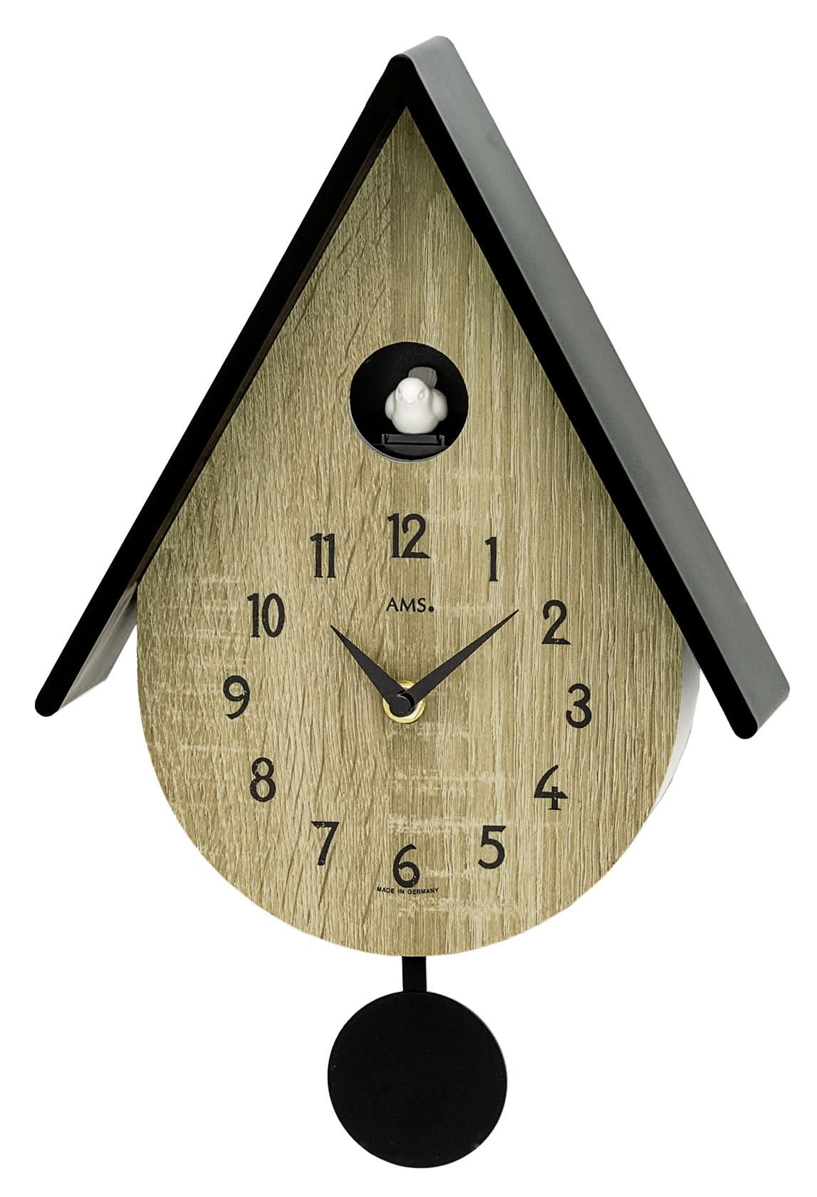 Reloj de cuco: caja de madera, techo gris, esfera y péndulo negro