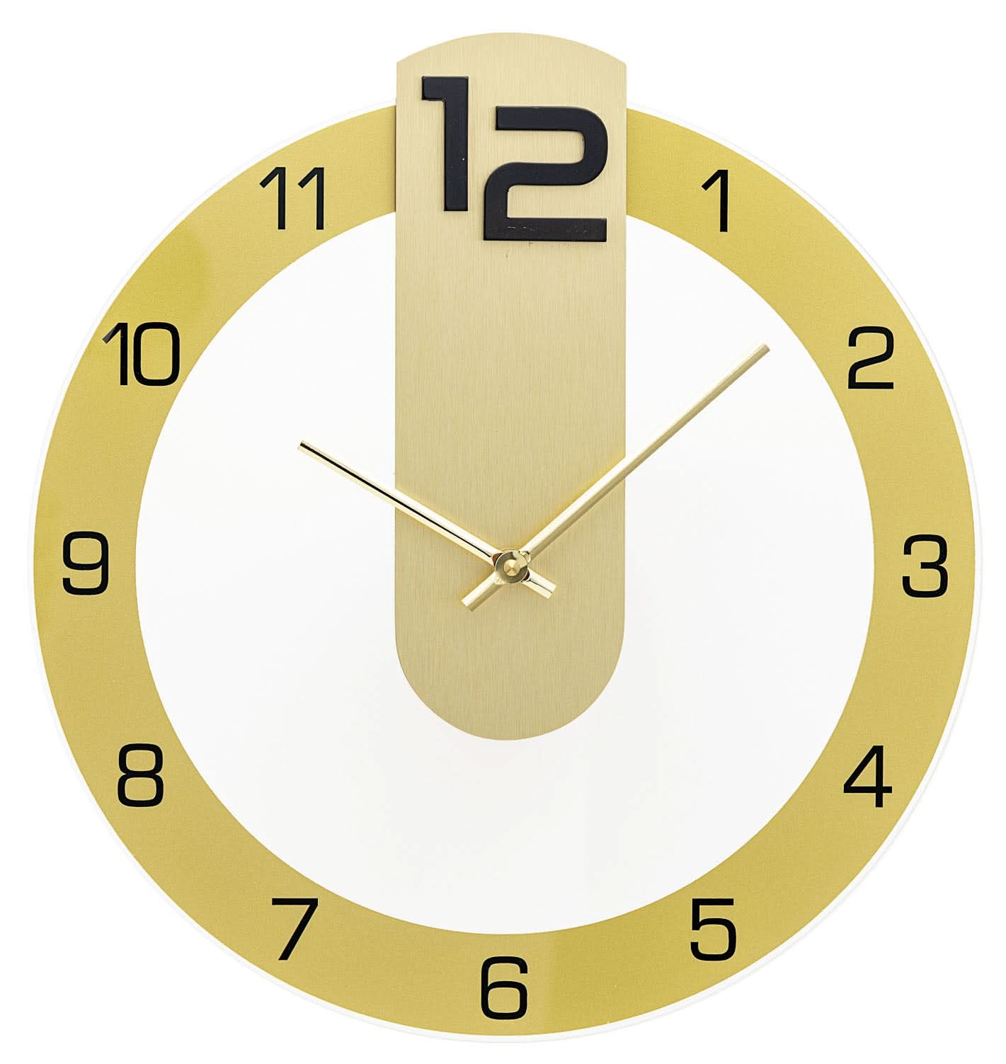 "Reloj de pared con esfera en color latón, borde dorado y números arábigos negros"