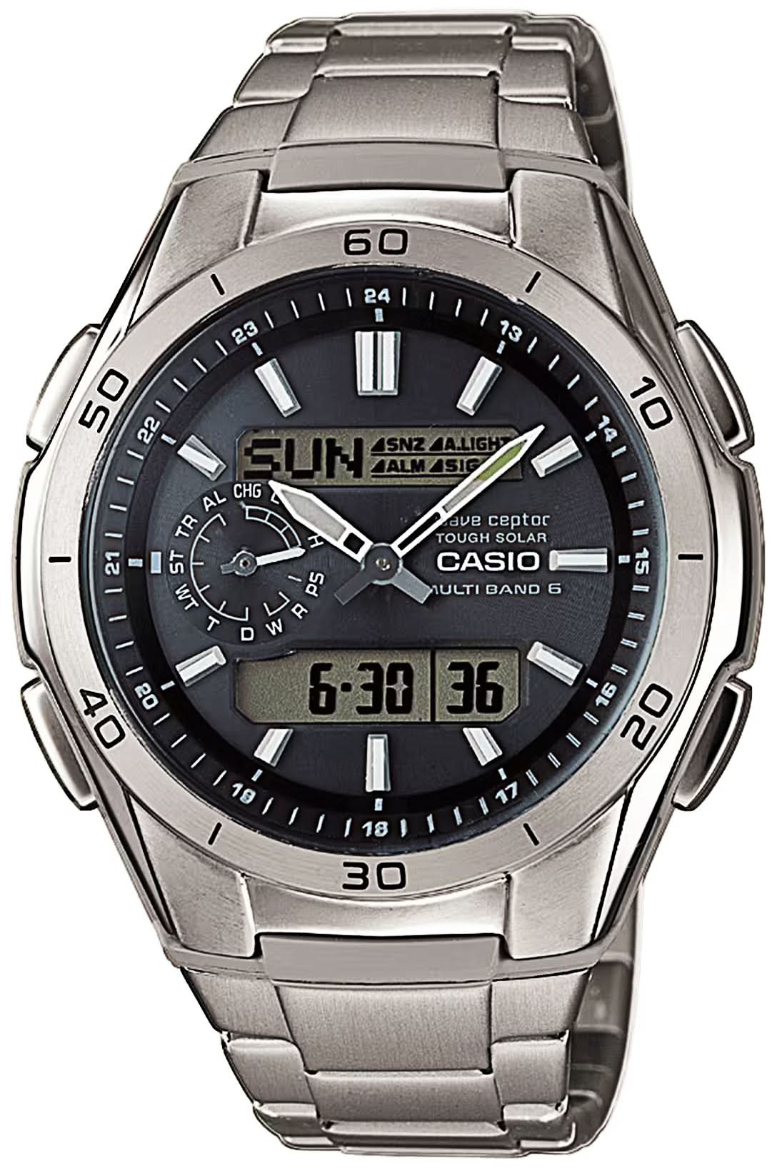 Reloj de hombre con esfera oscura, correa de metal, fecha y pantalla digital (Casio)