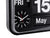 Schwarze Wanduhr im Detail: Uhrzeiger und Klappanzeige FRI, 15, May