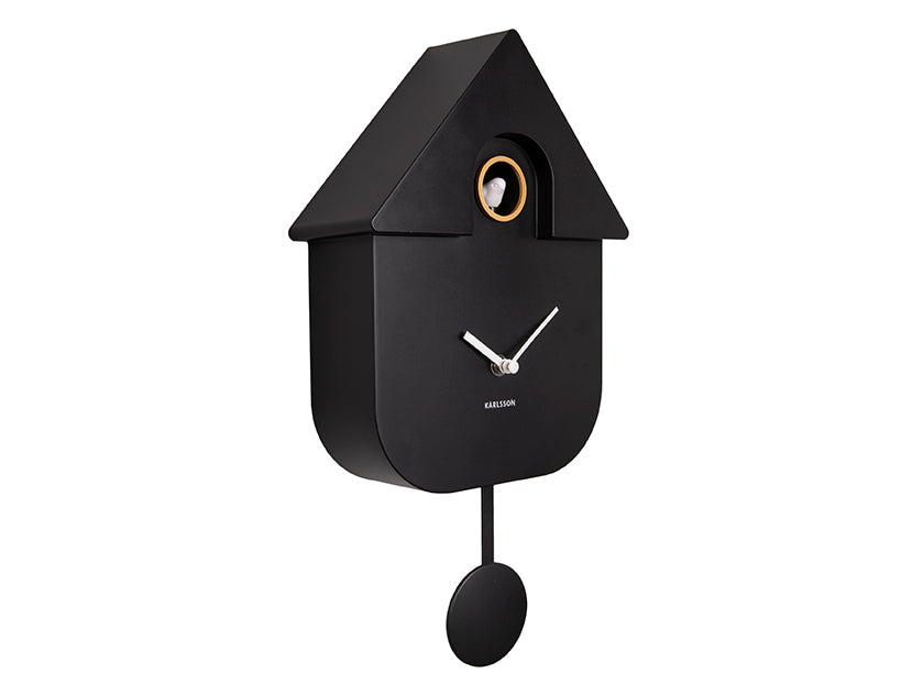 Karlsson Modern Cuckoo KA5768BK Wanduhr Schwarz • Kuckucksgeräusch stündlich • Schwingendes Pendel