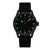Reloj de hombre con correa negra, esfera negra e marcadores de hora luminosos