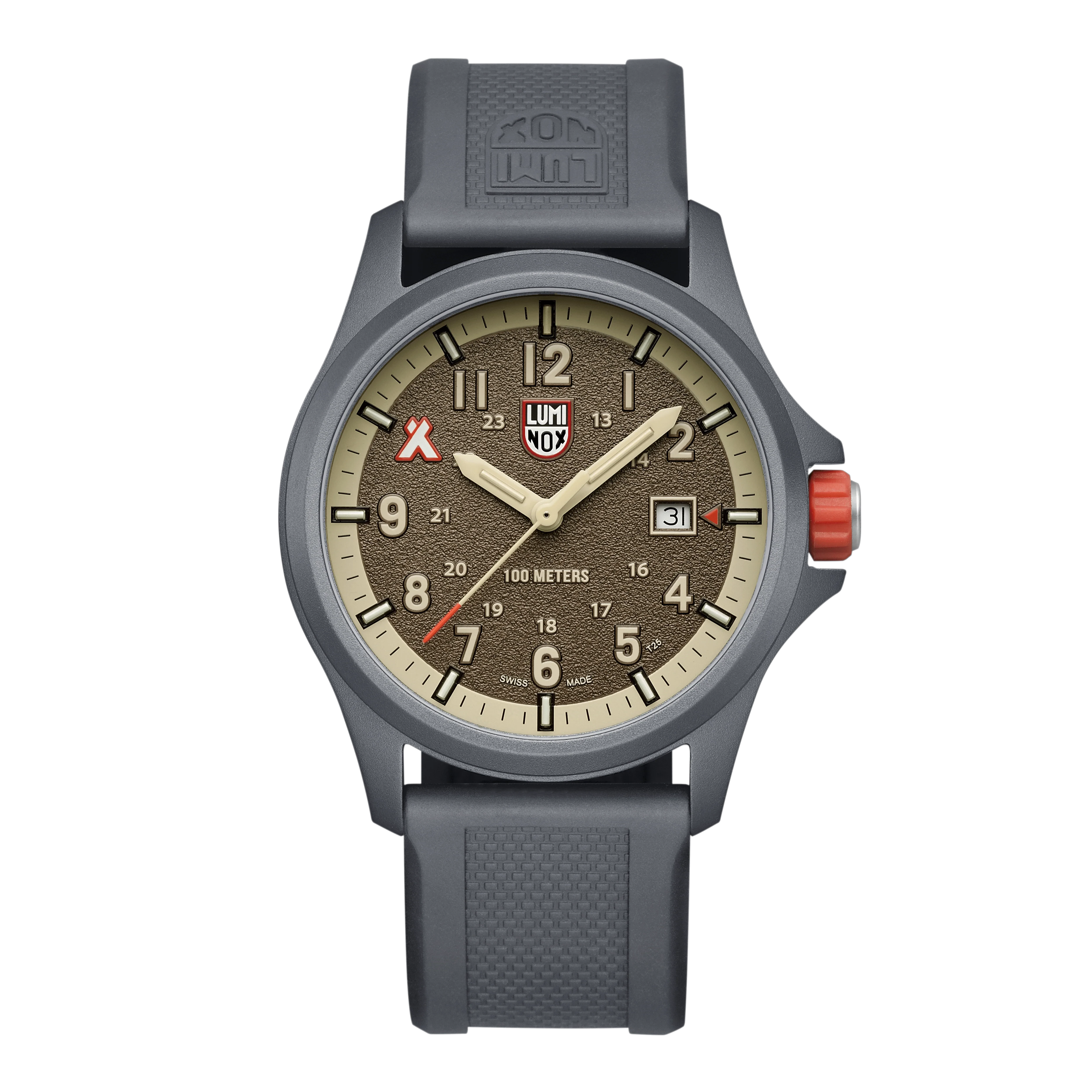 Reloj deportivo con esfera beige, caja negra y correa de caucho, ventana de fecha
