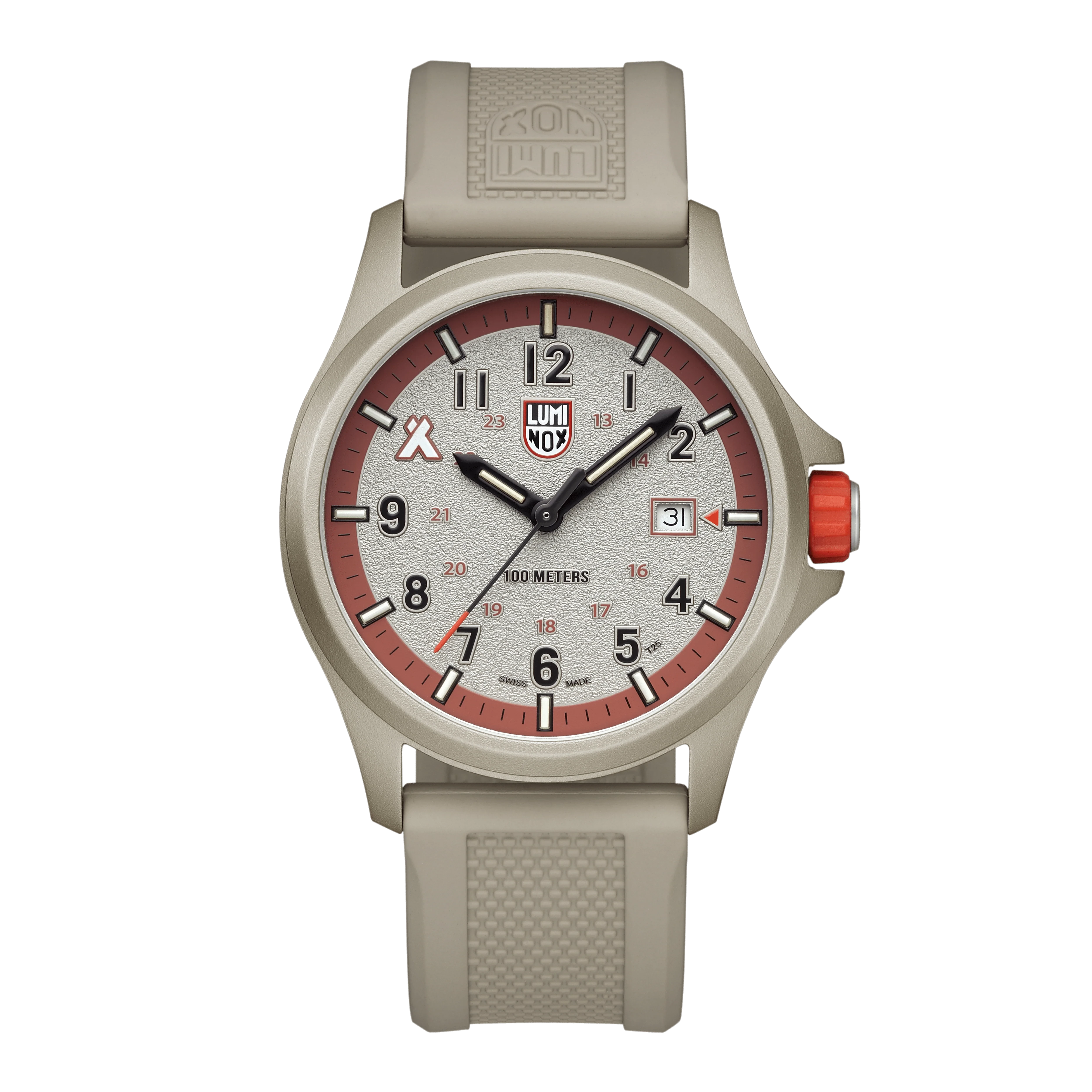 Reloj Luminox Bear Grylls para hombre con caja beige, esfera naranja y correa de caucho