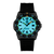 Reloj de hombre con manecillas y números luminosos verdes, caja y correa negras, fecha 31