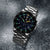 Pulsera de acero inoxidable para hombre con esfera azul, aspecto de cronógrafo