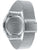 Reloj con tapa trasera plateada y correa de malla de acero inoxidable, vista lateral
