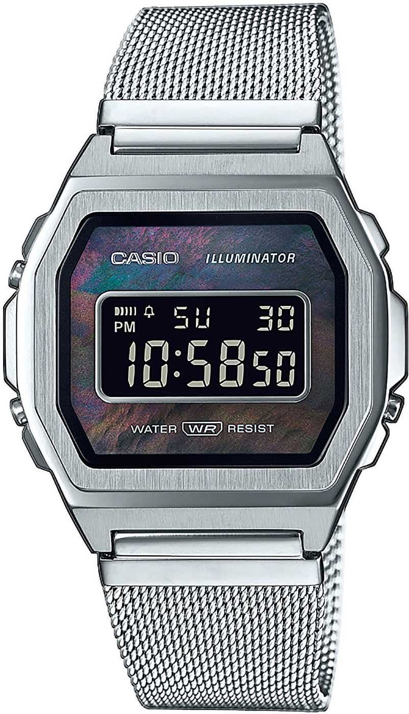 Reloj digital para hombre con correa de malla plateada y pantalla LCD rectangular