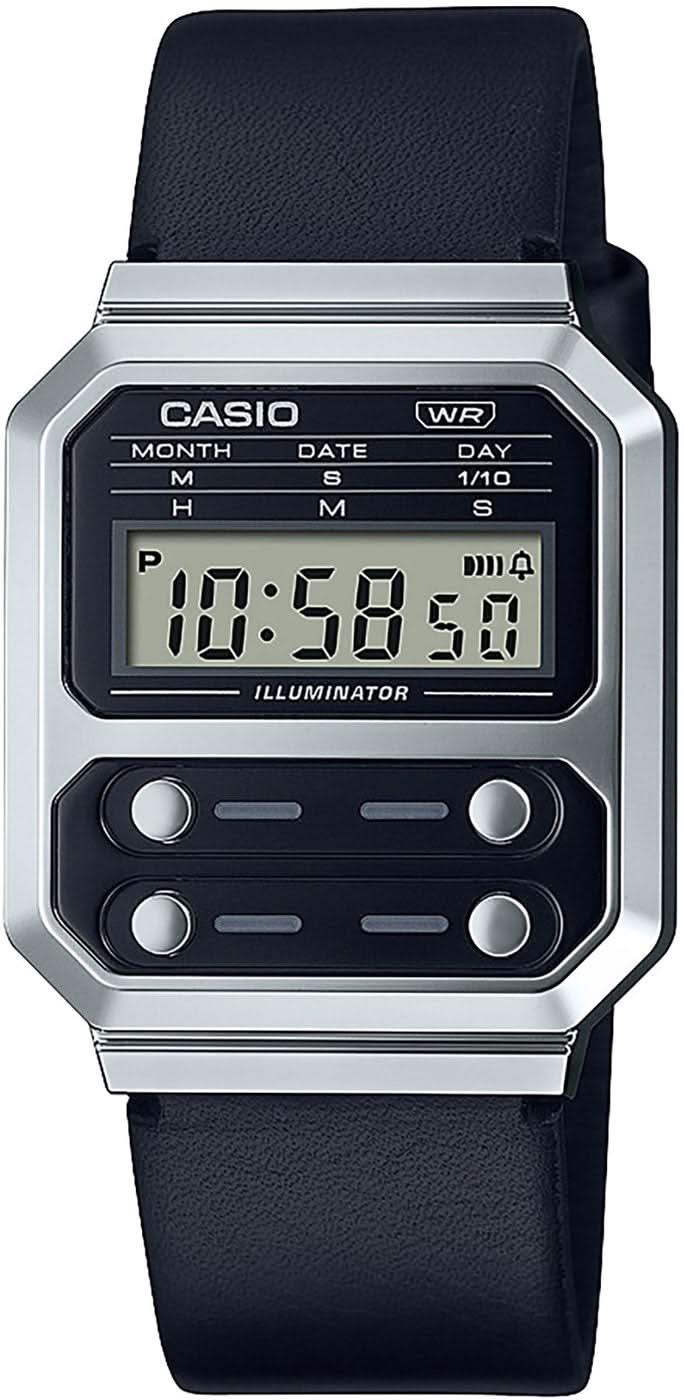 Pulsera de reloj retro con correa de cuero negra, caja plateada y pantalla LCD