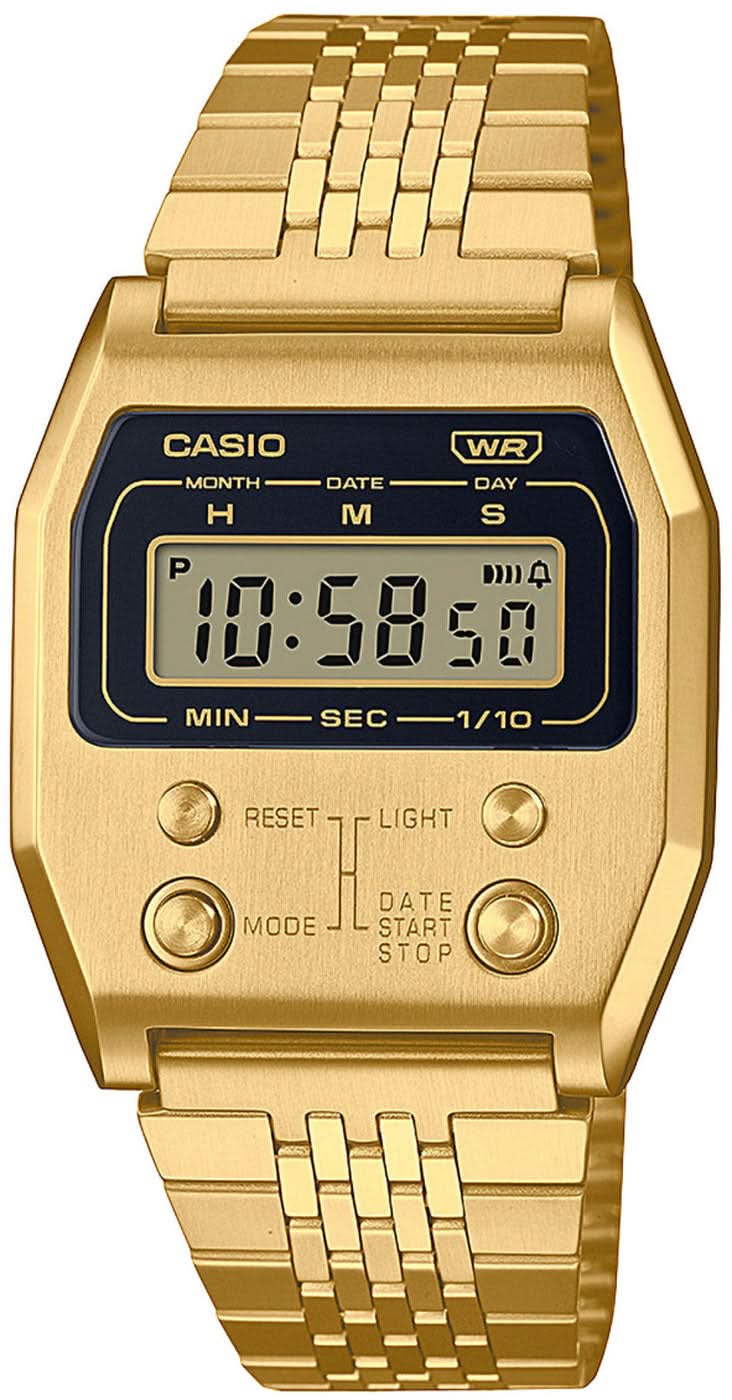 Reloj digital Casio con correa de acero inoxidable en tono dorado y botones frontales, pantalla iluminada