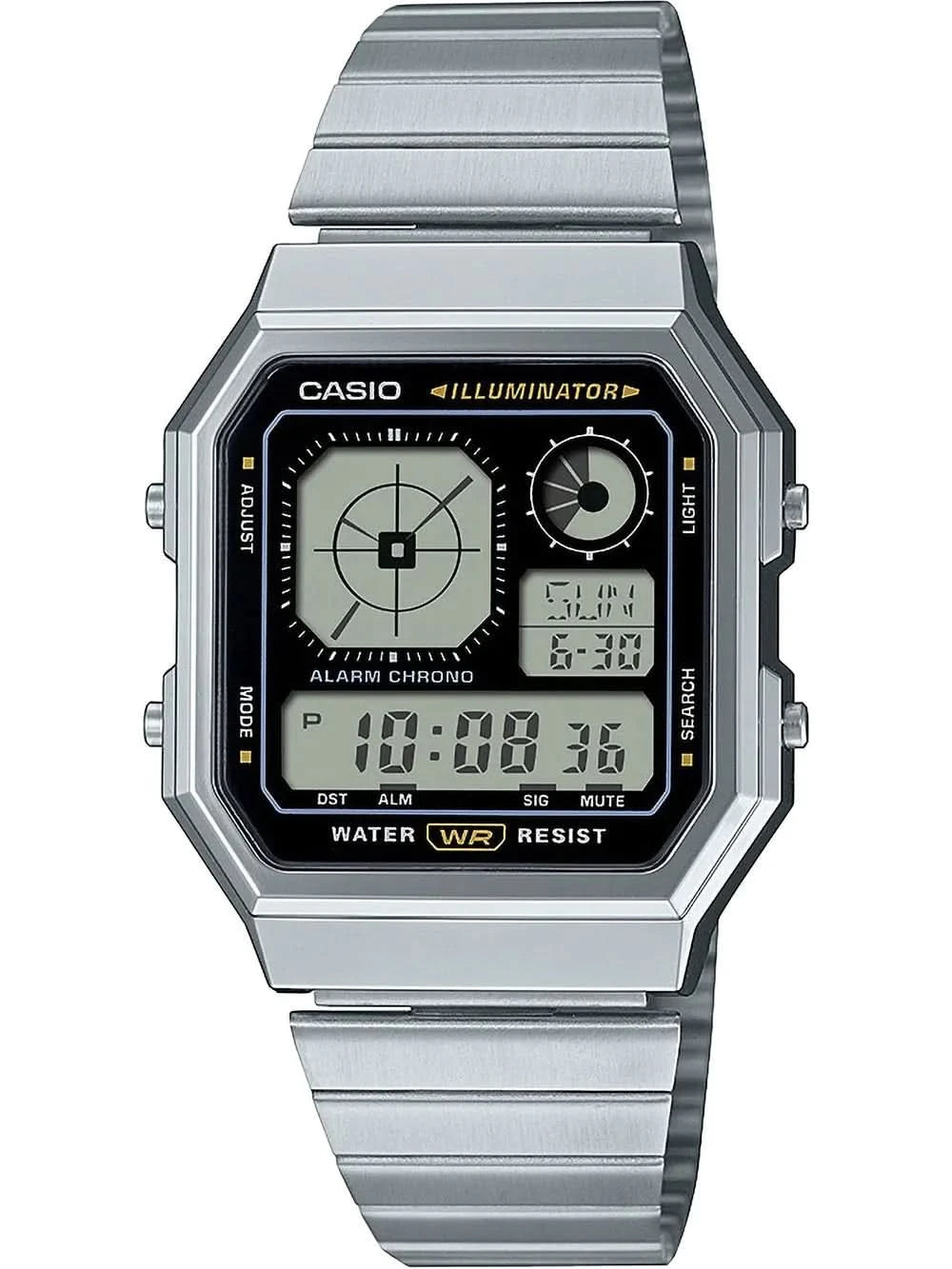 Reloj Casio Vintage A130WE-1AEF para hombre con correa de metal plateada y pantalla digital negra