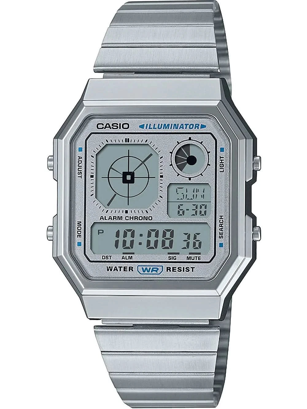 Reloj Casio Vintage con correa de metal plateada y pantalla digital, detalles en azul