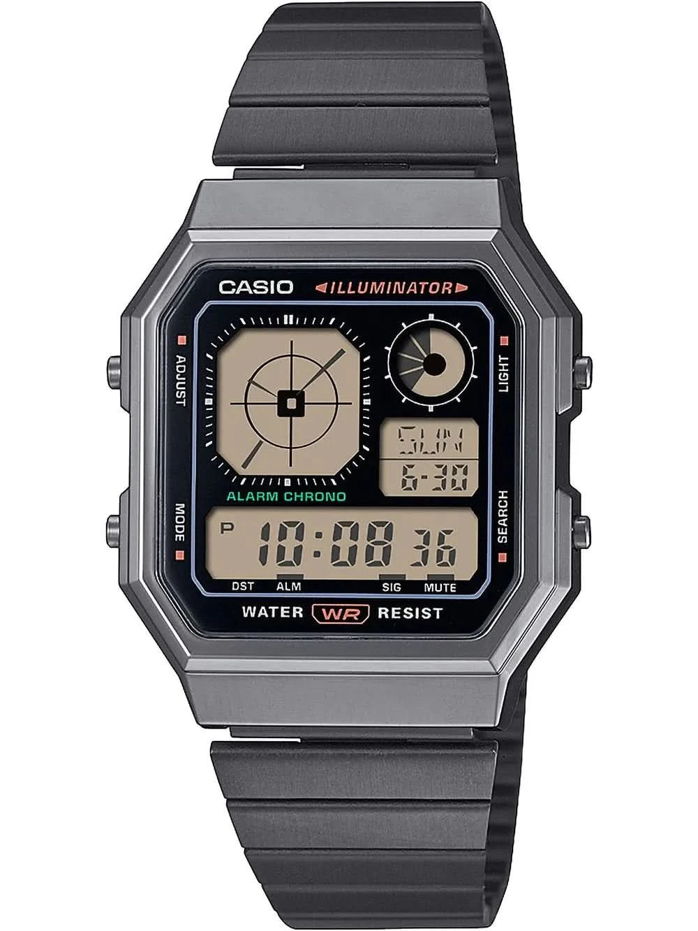 Casio Vintage reloj con caja octogonal en color gunmetal, correa de metal negra y pantalla digital.