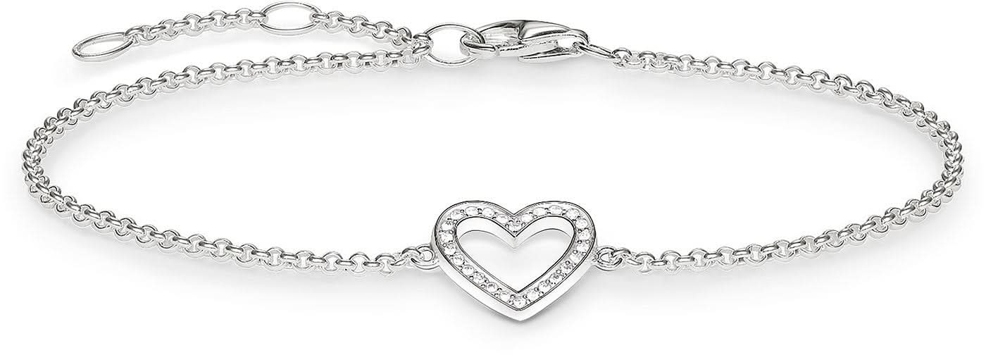 Pulsera de plata de ley 925 con eslabones finos y colgante de corazón con pedrería