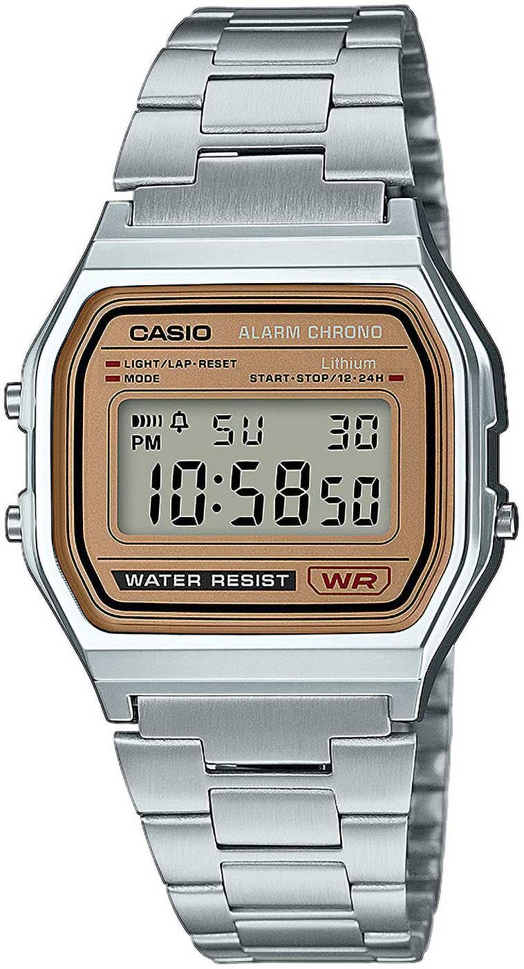Casio Reloj Digital Vintage: correa de metal plateada, pantalla LCD naranja