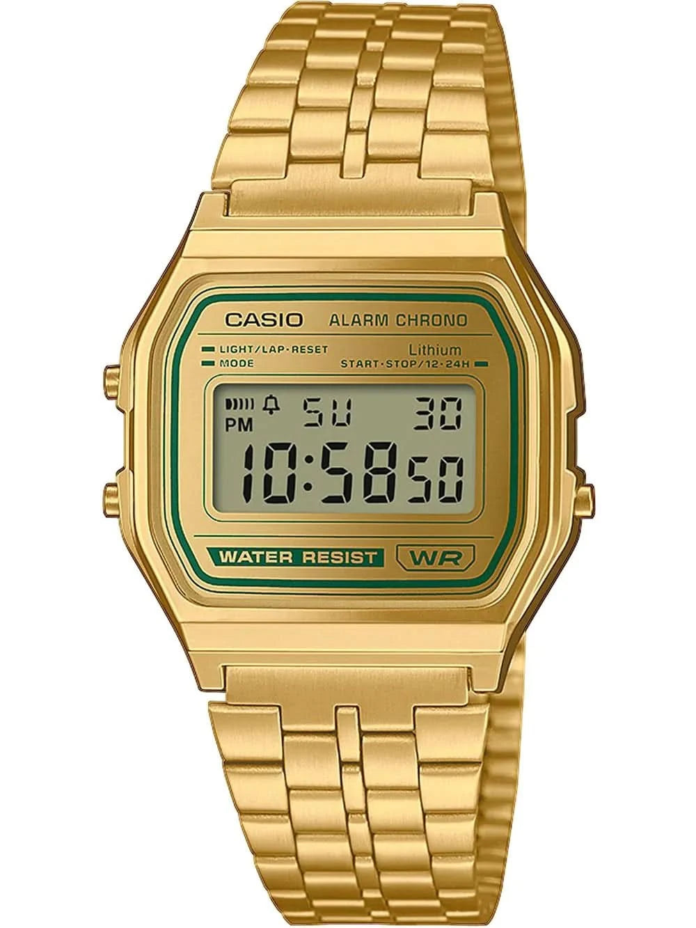 Reloj digital Casio Vintage con correa de metal dorada, pantalla LCD rectangular y visualización de fecha.