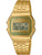 Reloj digital Casio Vintage con correa de metal dorada, pantalla LCD rectangular y visualización de fecha.