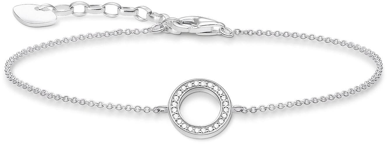 Pulsera de plata con colgante de círculo y pedrería, cadena fina