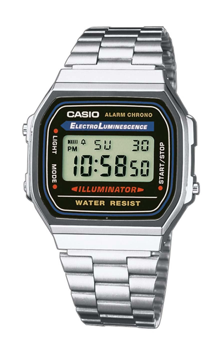 Reloj digital Casio Vintage con correa de acero inoxidable y pantalla negra, cronómetro/alarma, logo azul