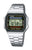 Reloj digital Casio Vintage con correa de acero inoxidable y pantalla negra, cronómetro/alarma, logo azul
