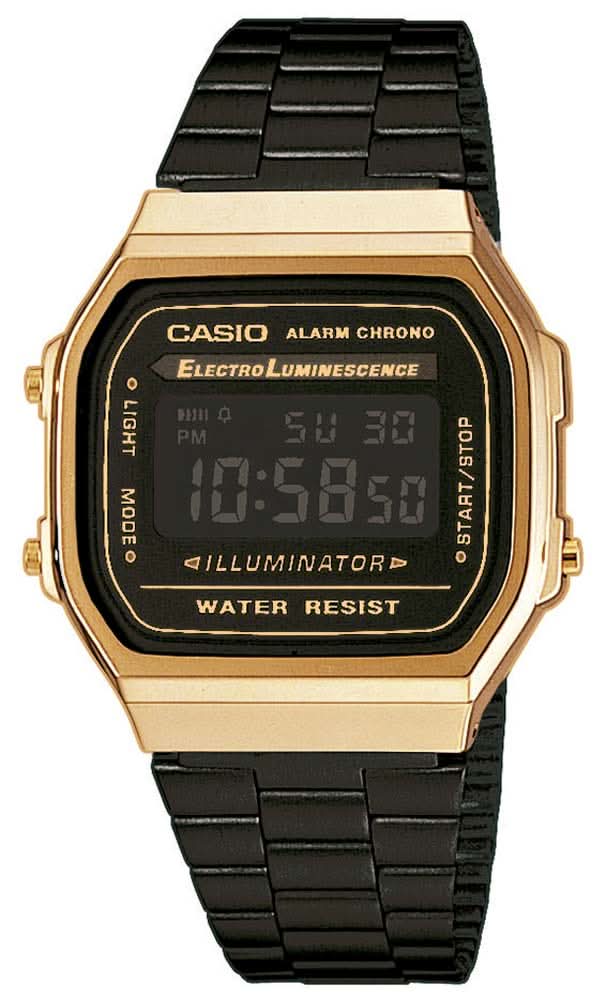 Reloj digital vintage con bisel dorado, correa de metal negra y pantalla digital