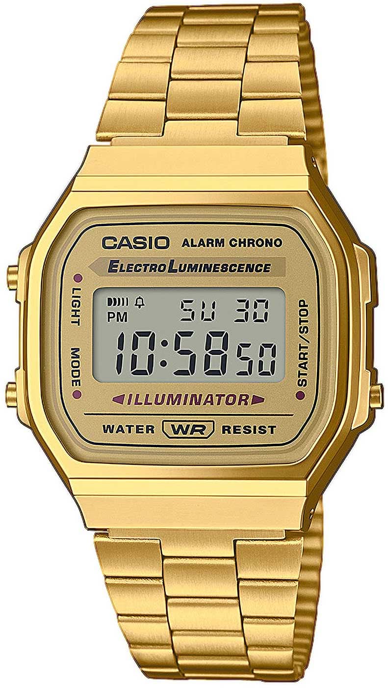 Reloj Casio Vintage dorado con correa de metal y pantalla digital, caja cuadrada