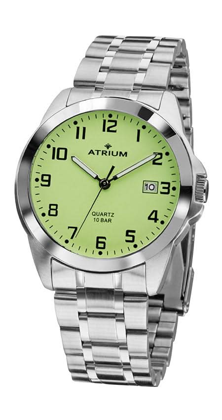 Reloj plateado para hombre con esfera redonda verde lima y correa de metal, indicador de fecha a las 3
