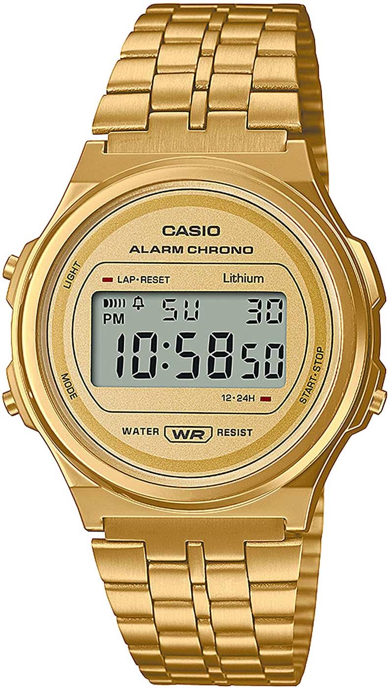 Casio Vintage reloj digital con correa de metal dorada y pantalla redonda, WR
