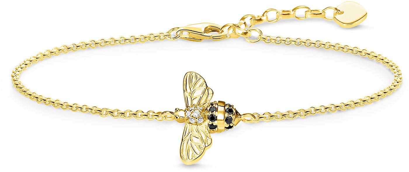 Pulsera en tono oro amarillo con colgante de abeja y piedras transparentes, eslabones finos
