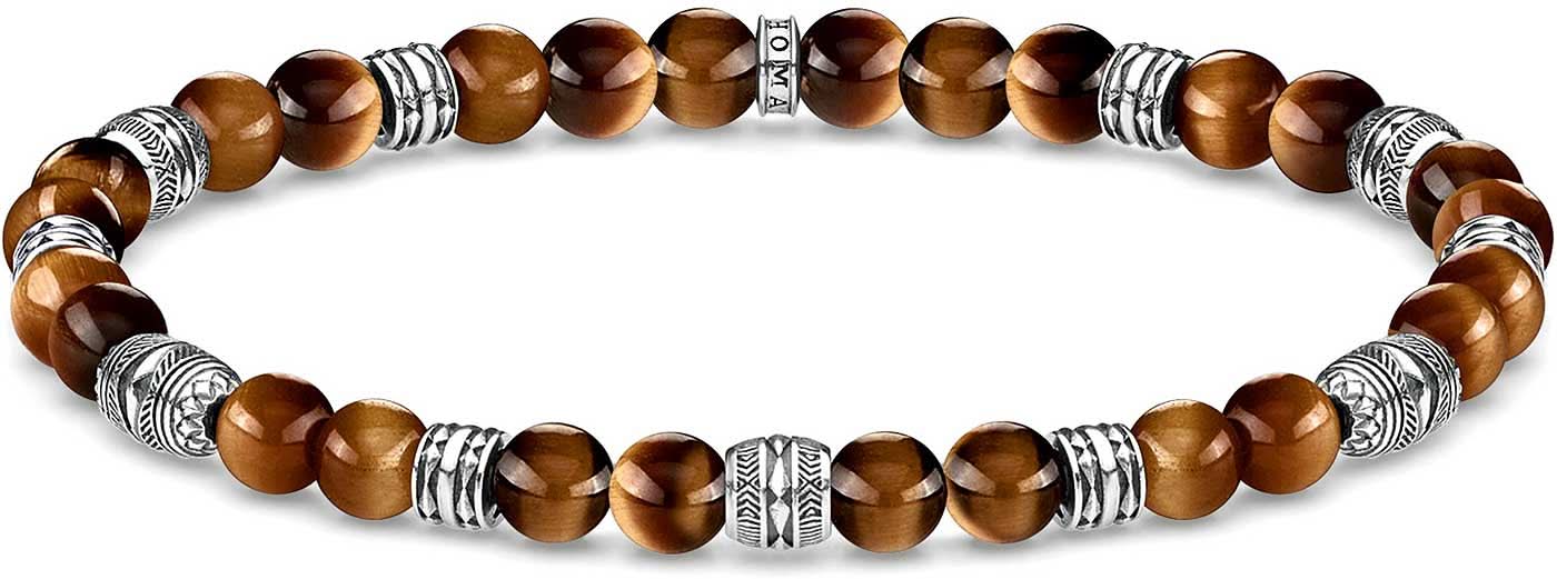 Pulsera de ojo de tigre con cuentas redondas de piedra marrón y elementos decorativos de plata de ley 925
