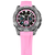 Reloj cronógrafo para hombre de frente con correa rosa y esfera multicolor.