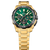 Reloj cronógrafo para hombre con esfera verde, caja y correa en tono dorado