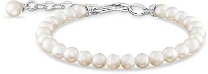 Pulsera de perlas con perlas blancas y cadena de eslabones plateada, cierre redondo
