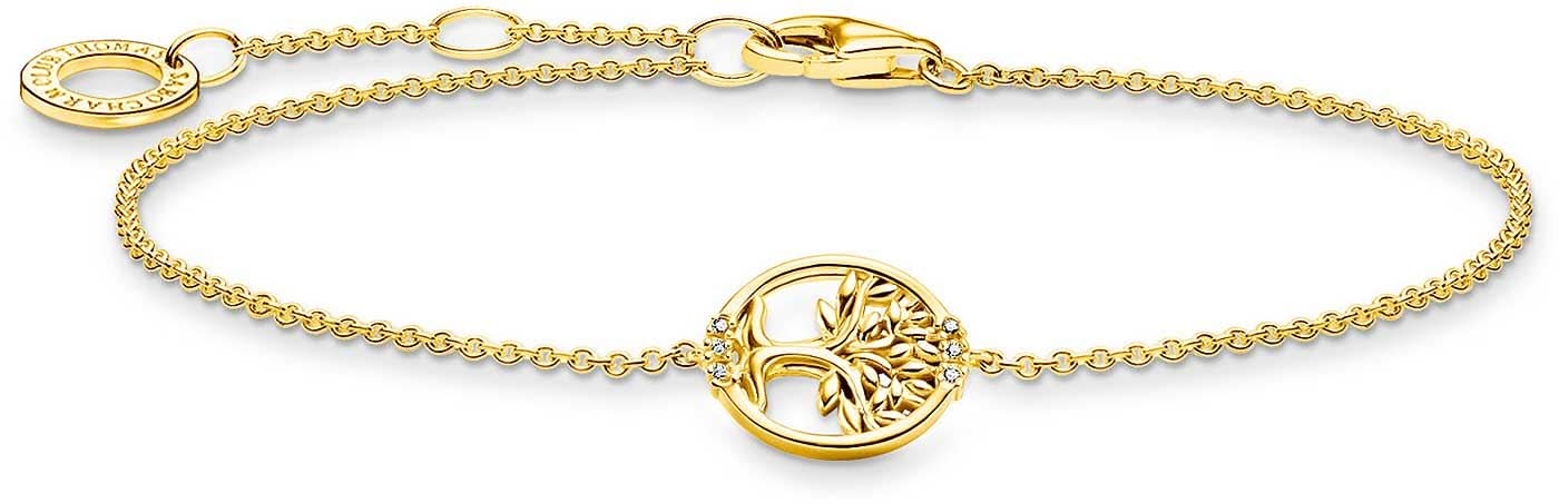 Pulsera dorada con colgante redondo, motivo de árbol y piedras blancas