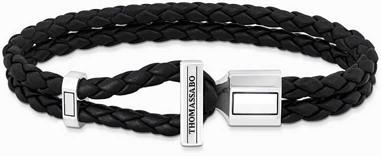 Pulsera de cuero de doble fila, trenzada negra, con cierres plateados de Thomas Sabo