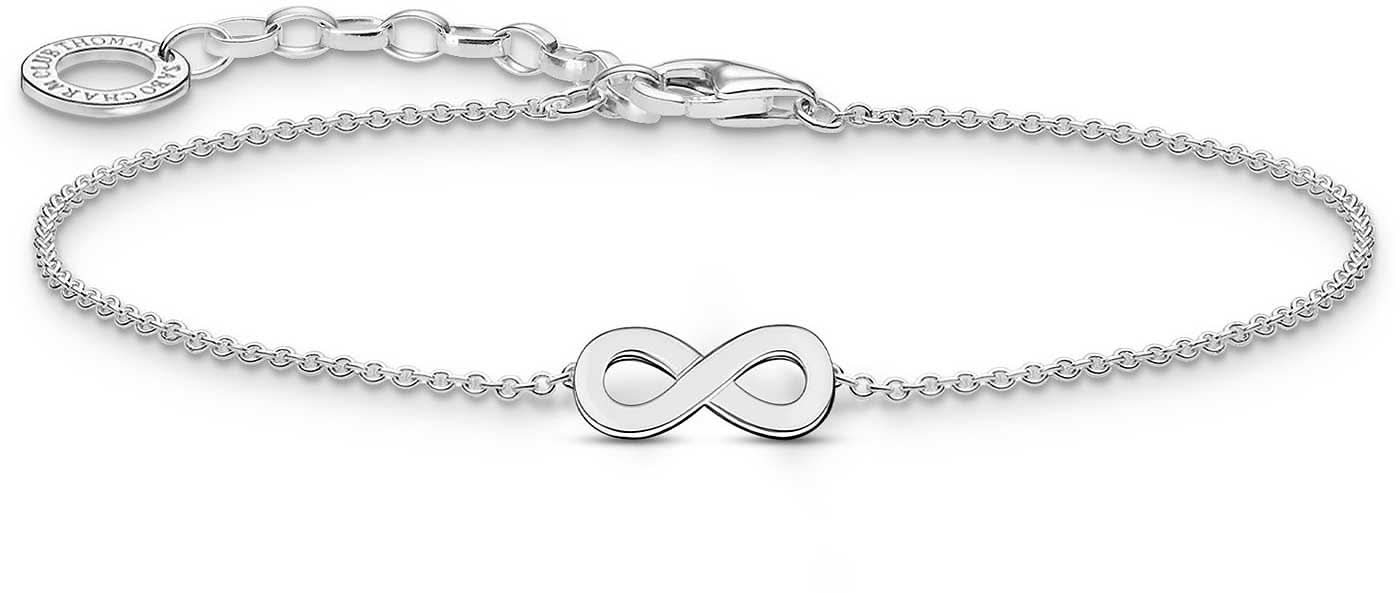 Pulsera de plata con colgante de infinito en cadena de eslabones finos y cierre de mosquetón