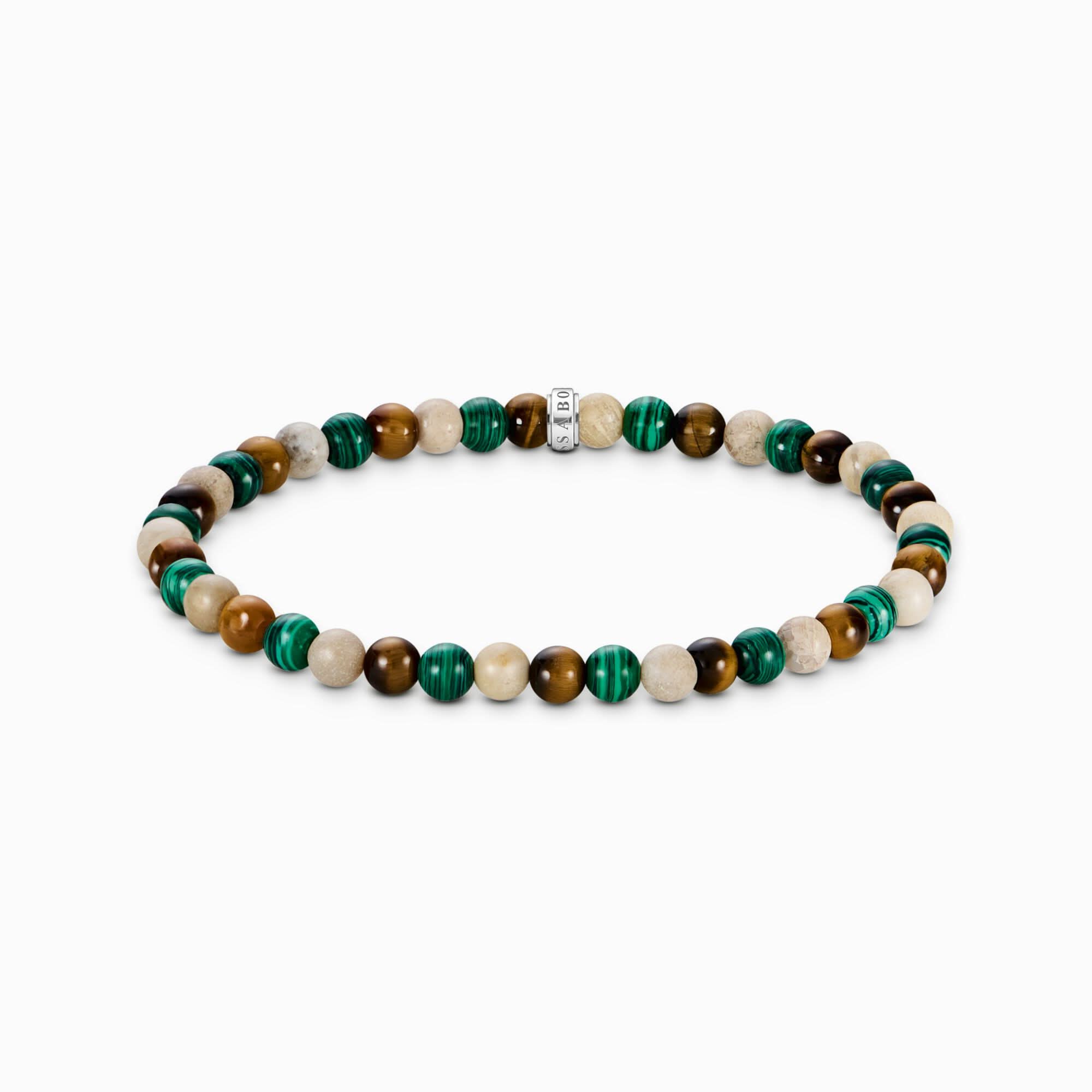 Pulsera de perlas de piedra verde y marrón con espaciador plateado