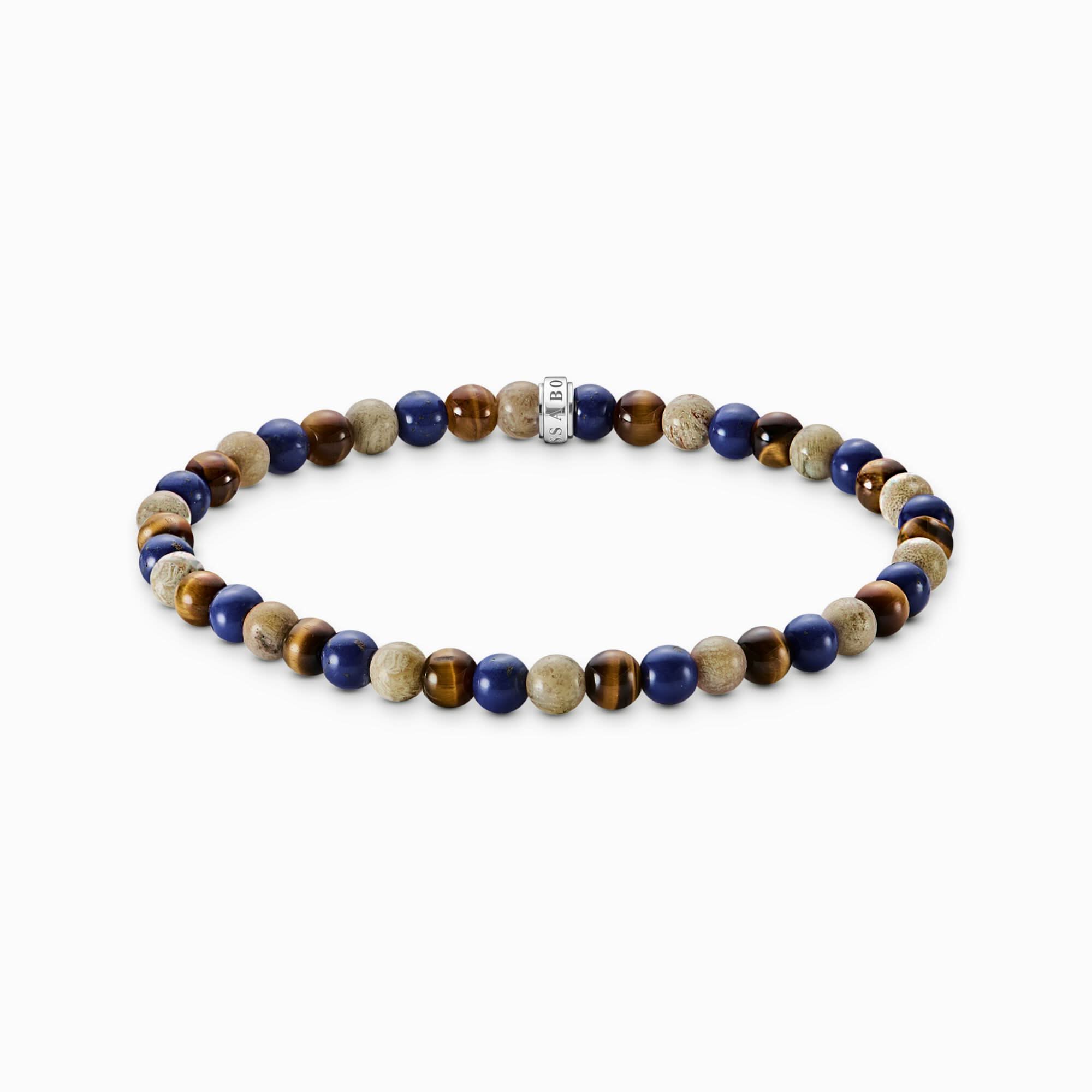 Pulsera de perlas con cuentas de piedra azul oscuro, marrón y beige, redondas