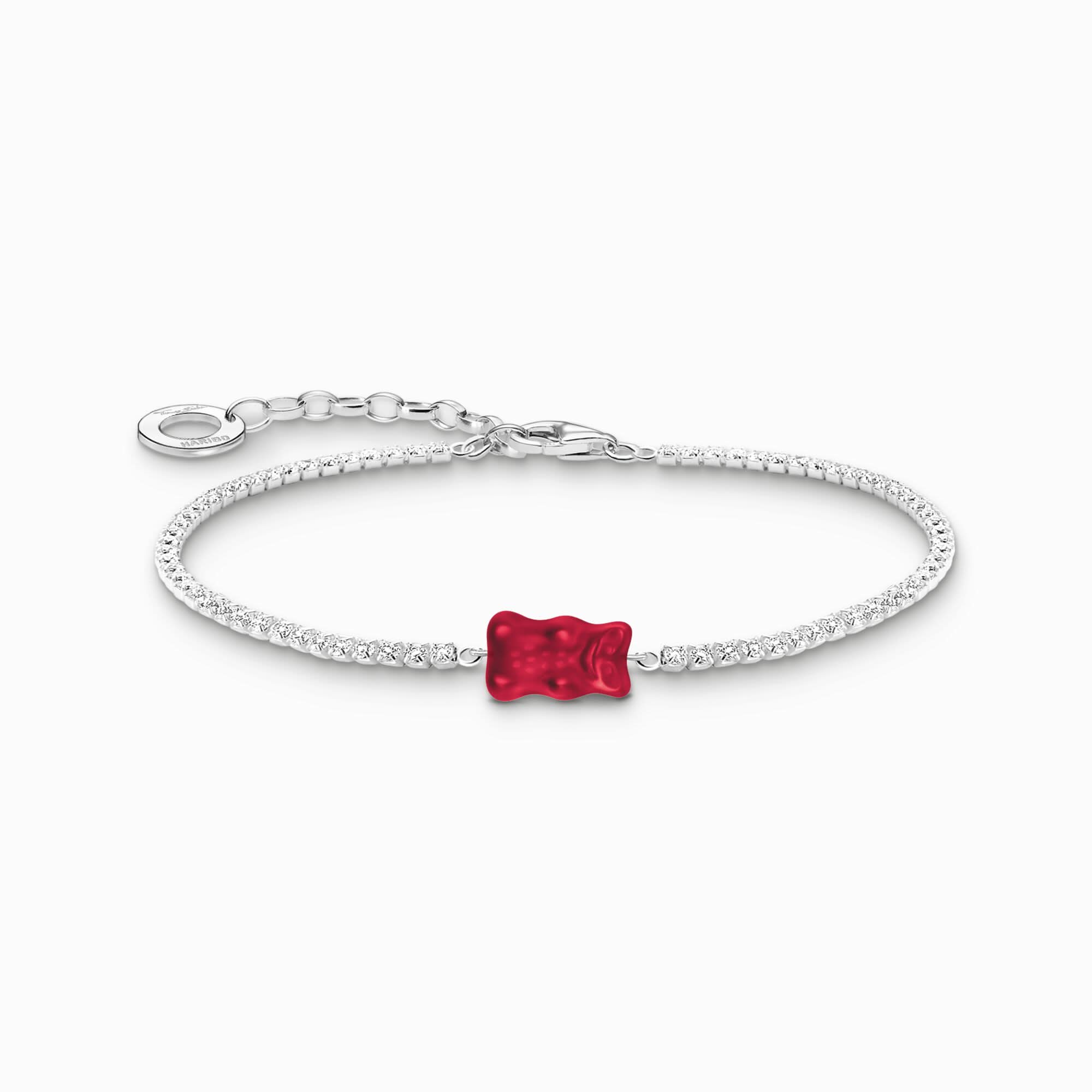 Pulsera de tenis de plata con pavé de circonita y piedra de cristal roja de osito