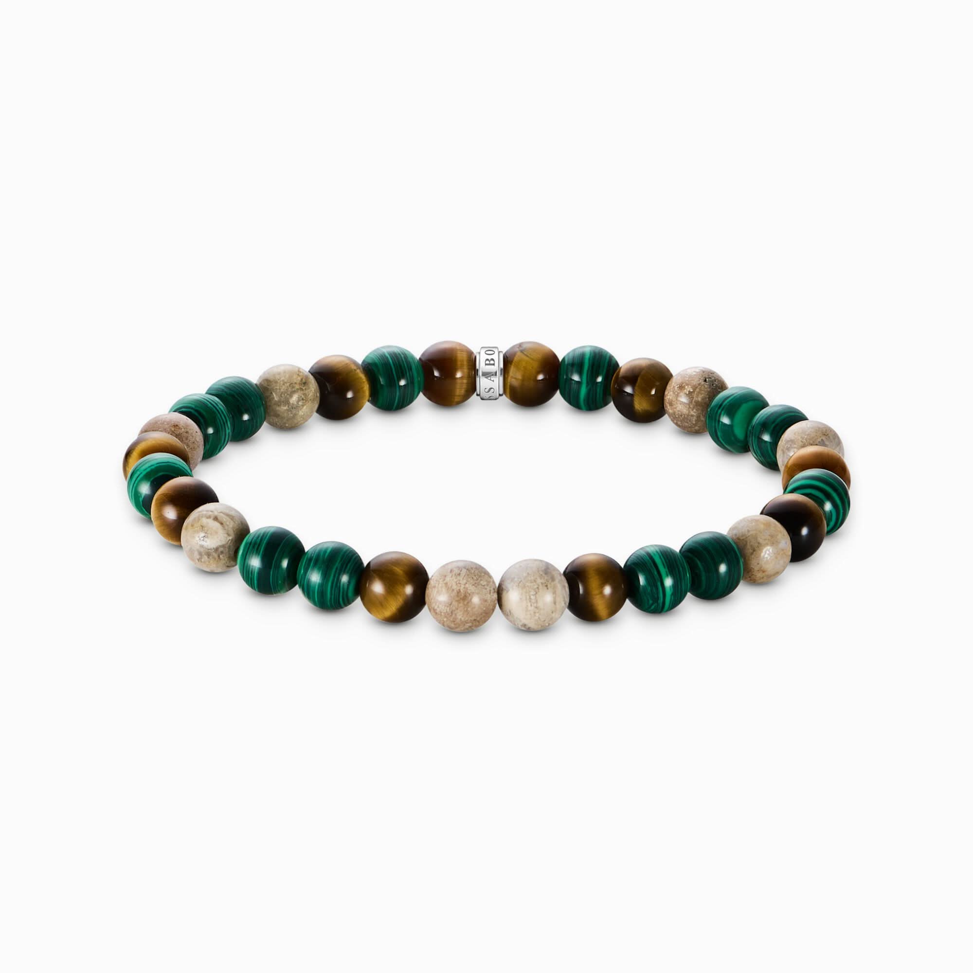 Pulsera de perlas con cuentas de piedra verdes y marrones, elástica
