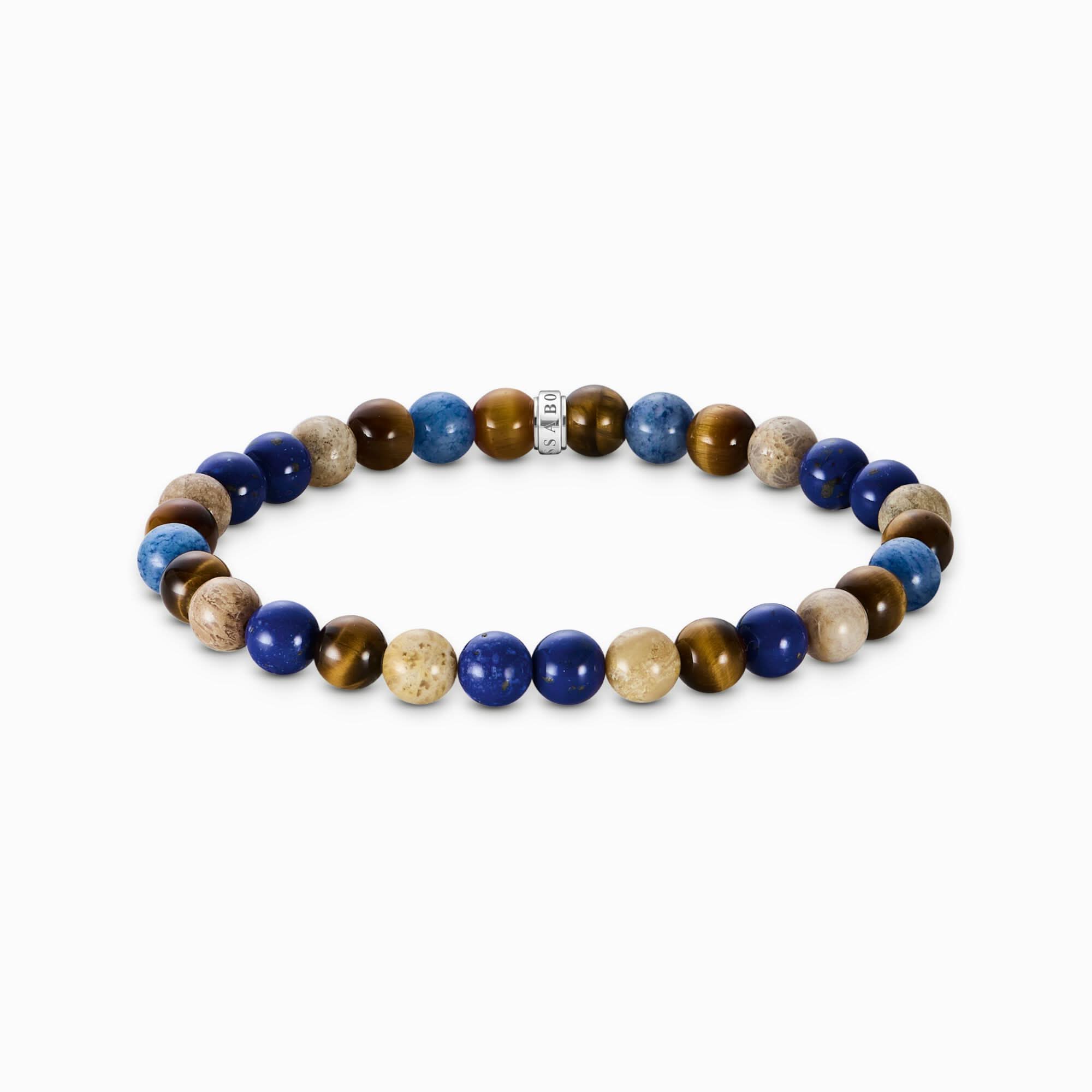 Pulsera de perlas con cuentas azules, marrones y doradas, de aspecto elástico