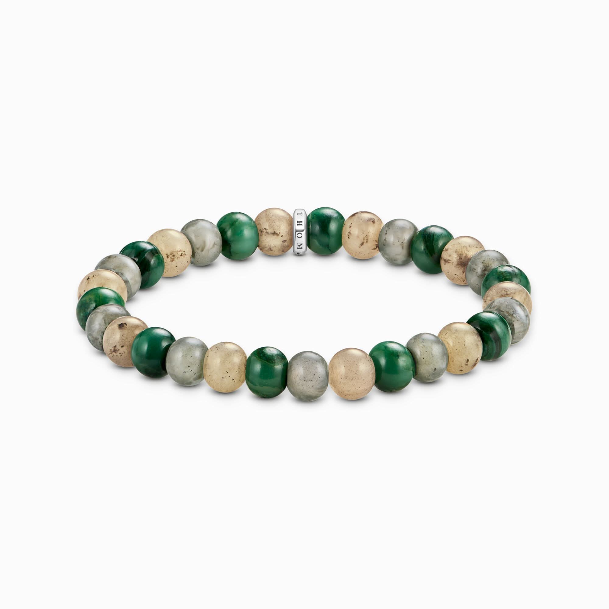 Pulsera de cuentas de piedra: cuentas redondas verde-beige con espaciador de color metal